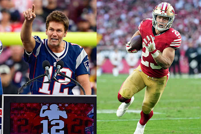 Former New England Patriots quarterback Tom Brady (left) and San Francisco 49ers running back Christian McCaffrey (right).